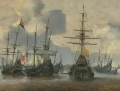 Hendrick van Anthonissen, Dutch men-o-war anchoredd off the coast, Oil on panel