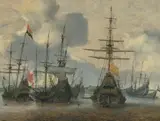 Hendrick van Anthonissen, Dutch men-o-war anchoredd off the coast, Oil on panel