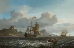 Jan Theunisz Blanckerhoff, An Amsterdam man-of-war setting out from a Mediterranean harbour, Oil on canvas (relined)