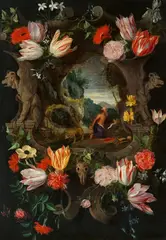 Jan Brueghel the Younger, Flower cartridge featuring Saint Jerome, Oil on panel (parquetted)