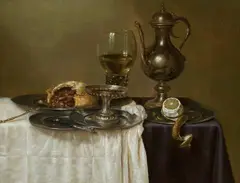 Gerret Willemsz Heda, Still Life with a Rummer, Pastry, Lemon, a silver Jug and other Objects on a Table with a white Cloth, Oil on panel (parquetted)