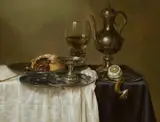 Gerret Willemsz Heda, Still Life with a Rummer, Pastry, Lemon, a silver Jug and other Objects on a Table with a white Cloth, Oil on panel (parquetted)