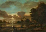Aert van der Neer, Moonlit canal landscape with walkers, Oil on canvas