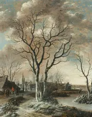 Salomon Rombouts, A Winter Landscape with Skaters and other Figures near a Village with a Church, Oil on panel