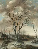 Salomon Rombouts, A Winter Landscape with Skaters and other Figures near a Village with a Church, Oil on panel