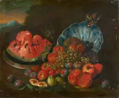 Bartolomeo Bimbi, Still Life with Fruits on a Ledge, with Kraak-Porcelain and a Goldfinch, with a landscape in the background, Oil on canvas