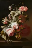 Simon Pietersz Verelst, Flowers in a Glass Vase on a Stone Ledge, Oil on canvas, mounted on hardboard