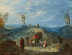 Joseph van Bredael, Wilde Hilly Landscape with Covered Wagon and Two Windmills, Oil on copper
