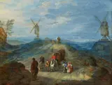 Joseph van Bredael, Wilde Hilly Landscape with Covered Wagon and Two Windmills, Oil on copper