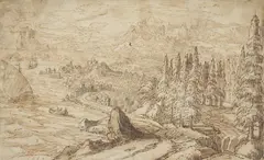 Tobias Verhaecht, Mountain landscape with river, boats and ships, Pen in brown, brush in gray over pencil