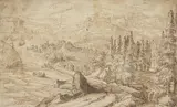 Tobias Verhaecht, Mountain landscape with river, boats and ships, Pen in brown, brush in gray over pencil