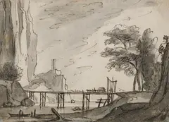 Roeland Roghman, Rocky mountains with a wooden bridge over a stream, Pen in brown and black, grey wash on white paper