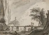 Roeland Roghman, Rocky mountains with a wooden bridge over a stream, Pen in brown and black, grey wash on white paper