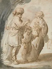 Abrahma dismissing Hagar and Ismael by Pieter Jansz, Pen and brown ink, grey brown wash over red chalk, sold Nov 2025