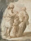 Pieter Jansz, Abrahma dismissing Hagar and Ismael, Pen and brown ink, grey brown wash over red chalk