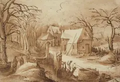 Frans de Momper, Winter Landscape, Pen and brush in brown