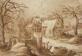Frans de Momper, Winter Landscape, Pen and brush in brown