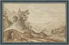 Joos de Momper, Wide River Landscape with a Stone Bridge, Pen and brush in brown and blue-green ink