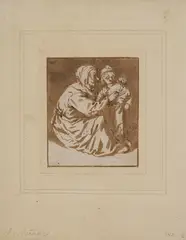 Isaac van Ostade, A Peasant Woman Seated on the Floor, Dressing a Young Boy, Pen and ink wash over black chalk, mounted on paper