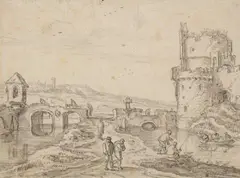 Esaias van de Velde, Landscape with Bridge and Ruins of a Tower, Black chalk and brown ink