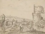 Esaias van de Velde, Landscape with Bridge and Ruins of a Tower, Black chalk and brown ink