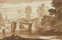 Jacob van der Ulft, Wooded River Landscape with a Bridge, and Ruins Behind, Black chalk and pen und brush in brown