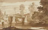 Jacob van der Ulft, Wooded River Landscape with a Bridge, and Ruins Behind, Black chalk and pen und brush in brown