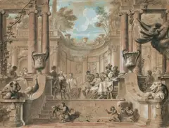Quellinus Jan Erasmus, Wedding at Cana, Pen and brush in brown, white heightened and partially watercolored