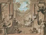 Quellinus Jan Erasmus, Wedding at Cana, Pen and brush in brown, white heightened and partially watercolored