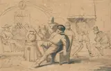 Egbert van Heemskerck the Elder, Peasants singing in an inn, Pen and brush in bluegreen and Grey on tinted paper