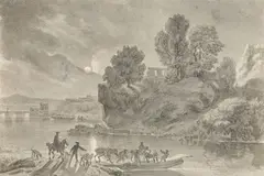 Dirk Maas, A ferry with horsemen on the riverbank in the moonlight, Black chalk, wash in grey