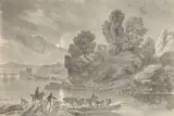 Dirk Maas, A ferry with horsemen on the riverbank in the moonlight, Black chalk, wash in grey