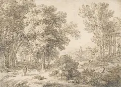 Jan van Huysum, Classical lnandscape with a shepherd an a village in the distance, Black chalk with oil
