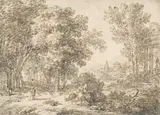 Jan van Huysum, Classical lnandscape with a shepherd an a village in the distance, Black chalk with oil