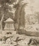 called Polidoro Johannes Glauber, Landscape with an antique sarcophagus, Grey ink and wash in brown and grey