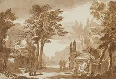 Abraham Rademaker, Classic landscape with figures, Pen and brush in brown, some chalk in black