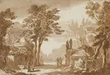 Abraham Rademaker, Classic landscape with figures, Pen and brush in brown, some chalk in black