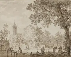 Pieter Jan van Liender, River landscape with village and figures, Pen and brush in brown