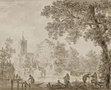 Pieter Jan van Liender, River landscape with village and figures, Pen and brush in brown