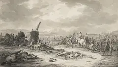 Dirk Langendijk, Officers inspecting a battlefield, Pen in brown, brush in gray over pencil