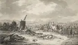 Dirk Langendijk, Officers inspecting a battlefield, Pen in brown, brush in gray over pencil