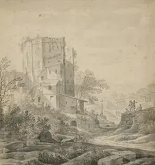 attributed to Willem Schellinks, Southern landscape with castle ruins, Pen and brush in black over chalk