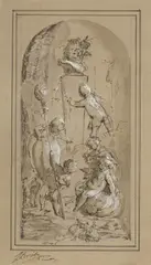 Jacob de Wit, Five putti playing at the feet of a bust of a smiling Bacchus, Pen in black, wash in grey and white hieghtening