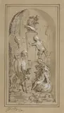 Jacob de Wit, Five putti playing at the feet of a bust of a smiling Bacchus, Pen in black, wash in grey and white hieghtening