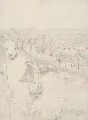 Isaac Israëls, Bird's-eye View of a Canal near Amsterdam, Pencil on paper