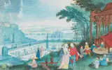 attributed to Friedrich Brentel, Courtly society on a hill overlooking a parterre garden with a castle in the background, Gouache on parchment, attached to a thin wooden panel at two points
