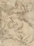 copy after Bartholomäus Spranger, The Holy Family with Angels making Music, Black and white chalk on paper, mounted under a mat