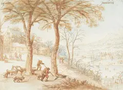 Joos de Momper, Hunters in extensive winter landscape, Pen and brush in brown and watercolour