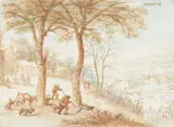 Joos de Momper, Hunters in extensive winter landscape