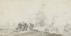 Ludolf Backhuysen the Elder, The Arrival of William III and Mara Stuart in Torbay on 15 November 1688, Pen and brush in gray on ribbed paper (watermark)